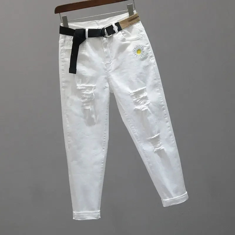 Woman Jeans Pants Ripped White Jeans Women's Autumn High Waist Cropped Baggy Pants Women's Pantalones Vaqueros Mujer