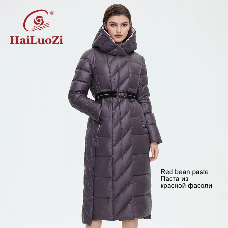 HaiLuoZi  New Winter Women's Jackets Plus Size Mid-length Thick Hood Warm Zipper Belt Classic Casual Women Coat Parkas 6037