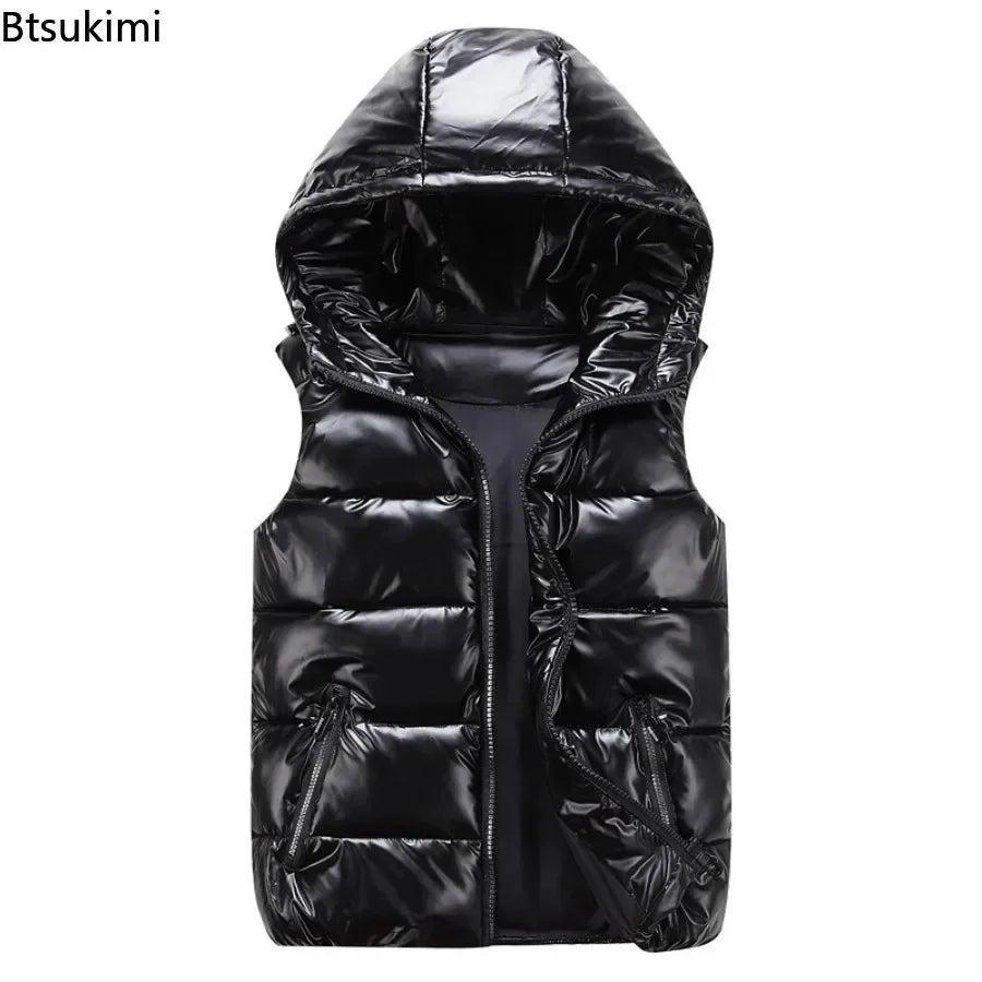 New Men's Hooded Vest Coats Fashion Glossy Waterproof Design Couple Down Cotton Lightweight Casual Waistcoat Male Parkas Vests