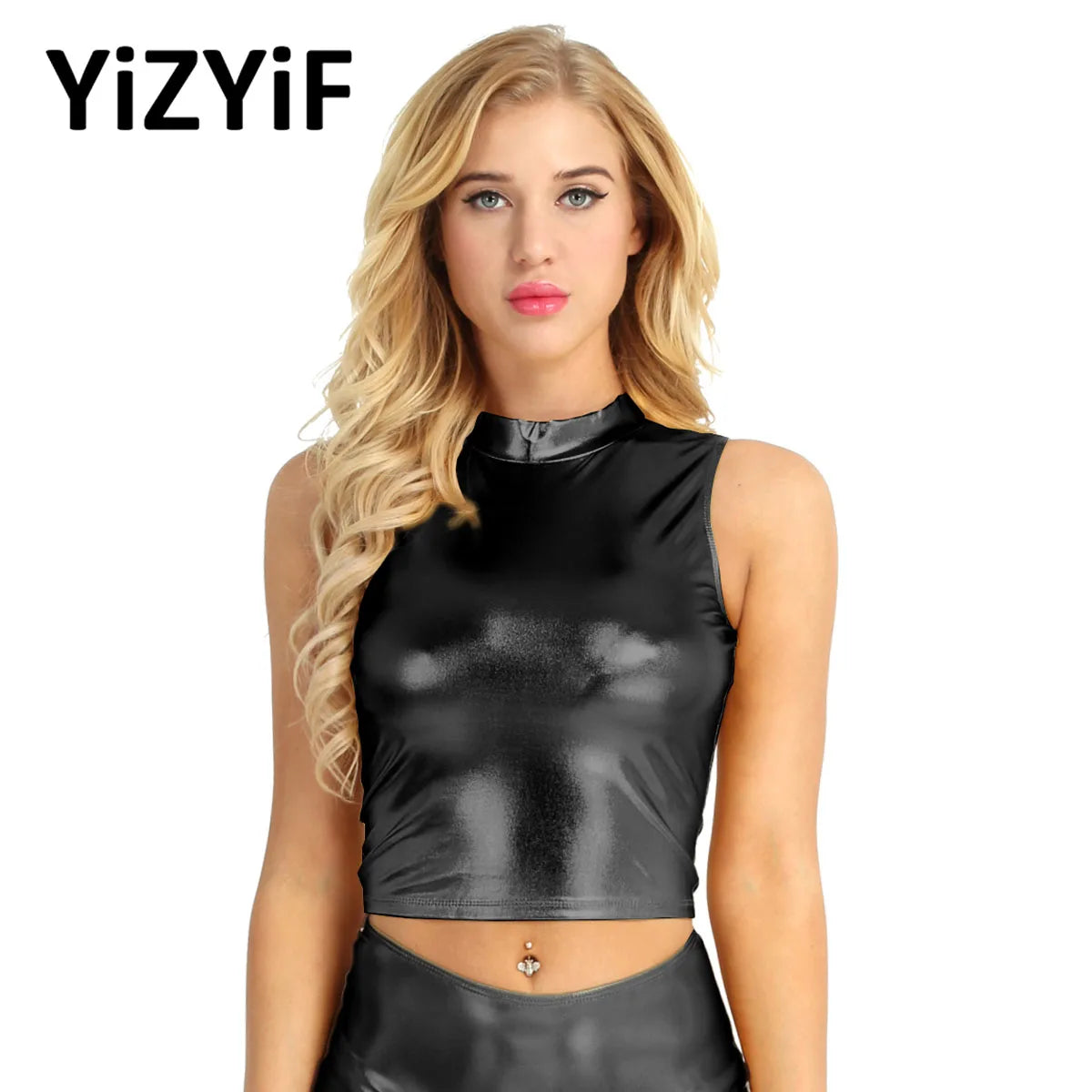 Frauen Latex Leder Sexy Tank Crop Top Ärmelloses Mock Neck Tops Festival Rave Kleidung Nachtclub Pole Dance Performance Kostüm