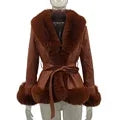 NEWDISCVRY PU Leather Short Jackets Women Fashion Tie Belt Waist Coats Women Elegant Side Pockets Faux Fur Jackets Female Ladies