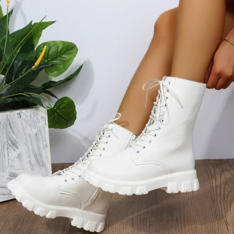 Boots Women 2022 Autumn Winter PU Leather White Ankle Boots Motorcycle Botines Female Chunky Heels Platform Boots Botas Mujer