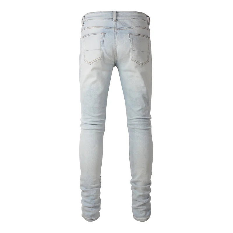 Men Pale Light Blue Biker Jeans Cracked Pleated Patch Patchwork Stretch Denim Pants Streetwear Holes Ripped Skinny Trousers