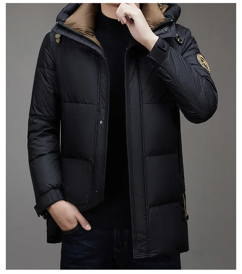 Light Luxury Down Jacket Men's Long Winter 2024 Trendy 90% White Duck Down Warm Coat Business Casual Hat Lightweight Down Jacket