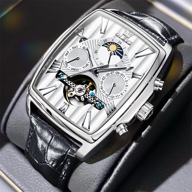 OLEVS Luxury Rectangular Dial Mechanical Watches Waterproof Leather Automatic Luminous Watch Business Men relogios masculino