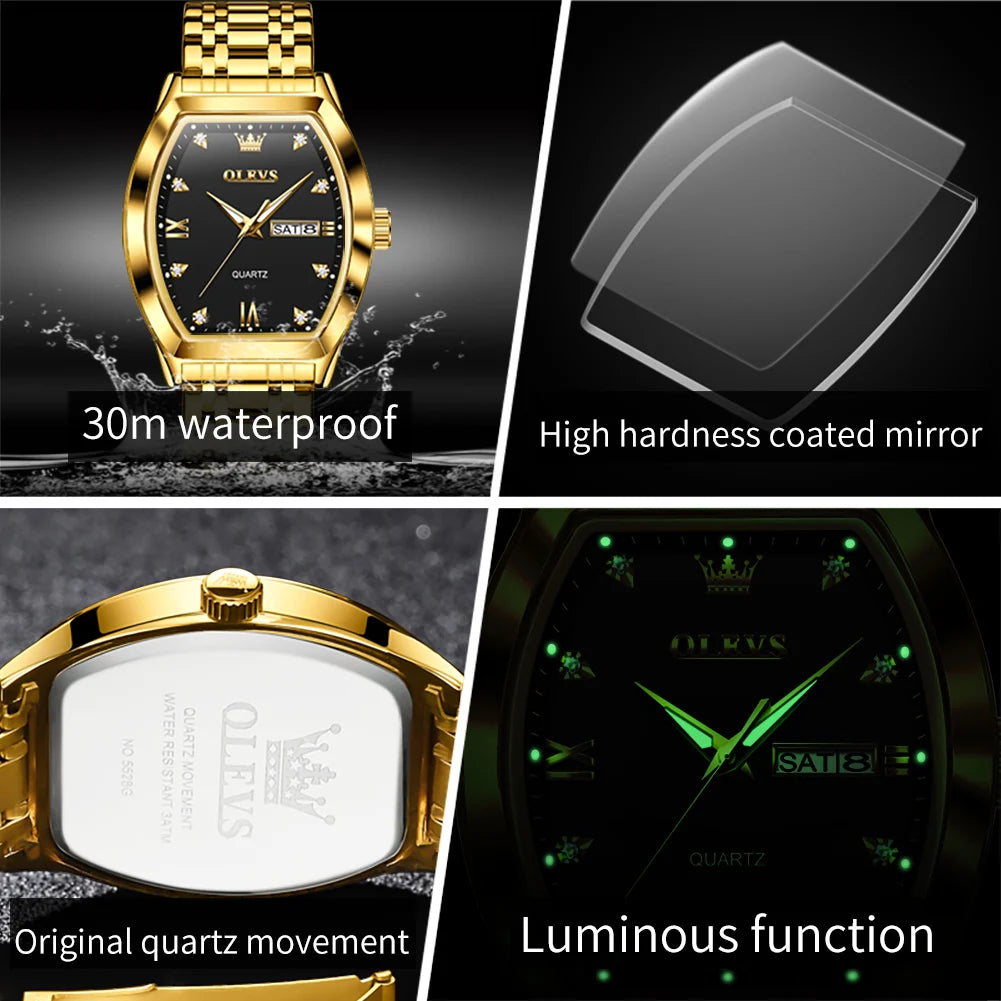 OLEVS Herrenuhren Luxus Tonneau Original Top-Marke Quarzuhr für Männer Wasserdicht Leuchtende Wochendatum Männliche Armbanduhr