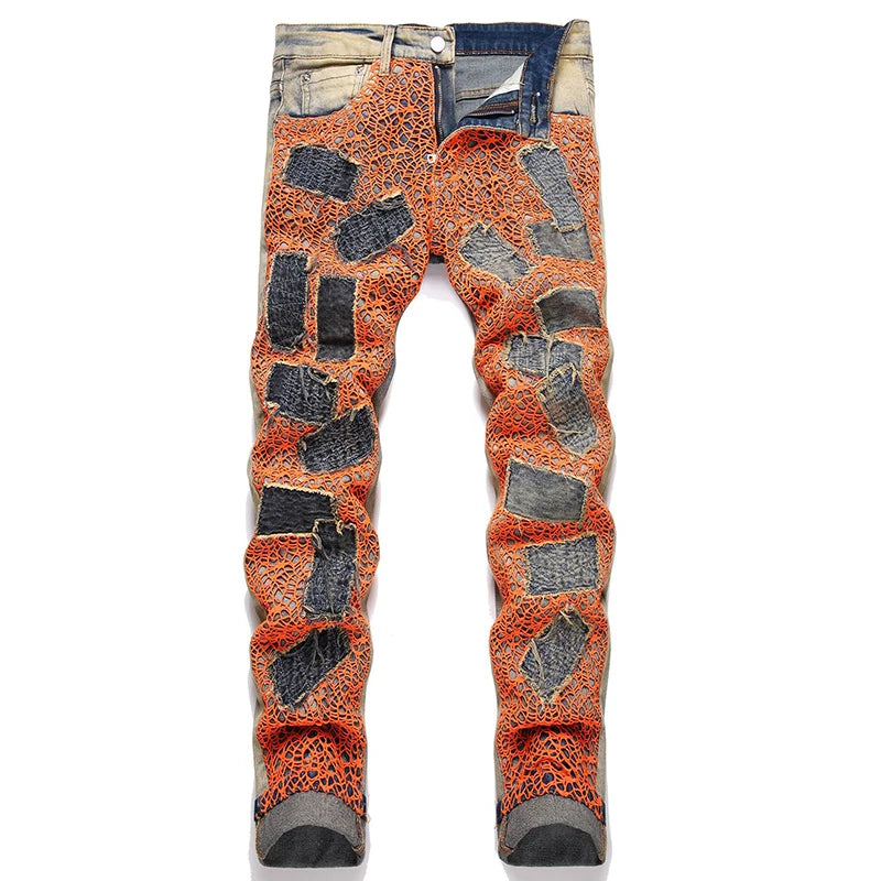 2023 Autumn New Fashion Men High Street Orange Star Embroidery Patch Jeans Men's Slim Fit Full Sky Star Denim Pants Jeans