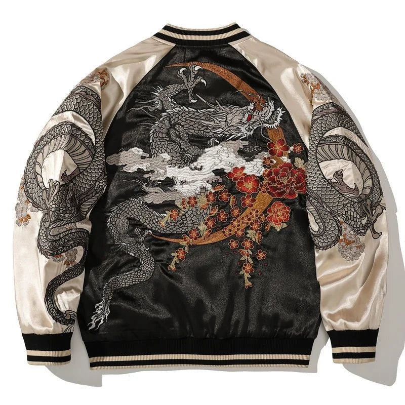 Embroidered Dragon Hip Hop Jacket Contrast Color High Street Baseball Coat Harajuku Trendy Outerwear Casual Loose Jacket For Men