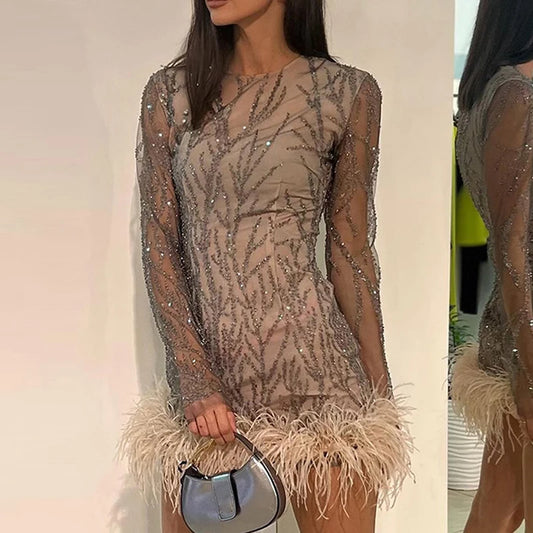 Fashion Sequins Feather Hem Sheer Mesh Skinny Dresses Sexy Round Collar Long Sleeve Dress Elegant Female Party Evening Vestidos