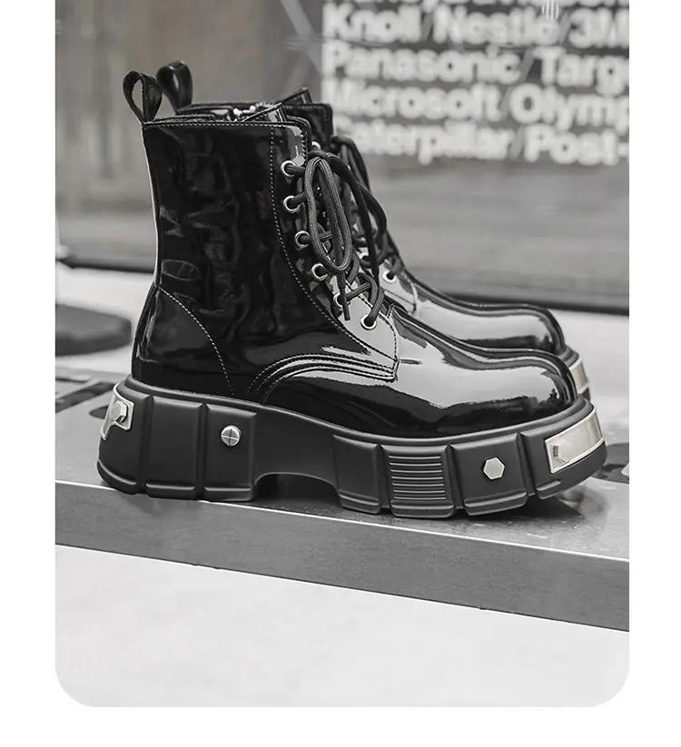 2024 Men's High Top British Style Thick Bottom Increased Bright Leather Black Motorcycle Round Toe Side Zipper Punk Boots Women