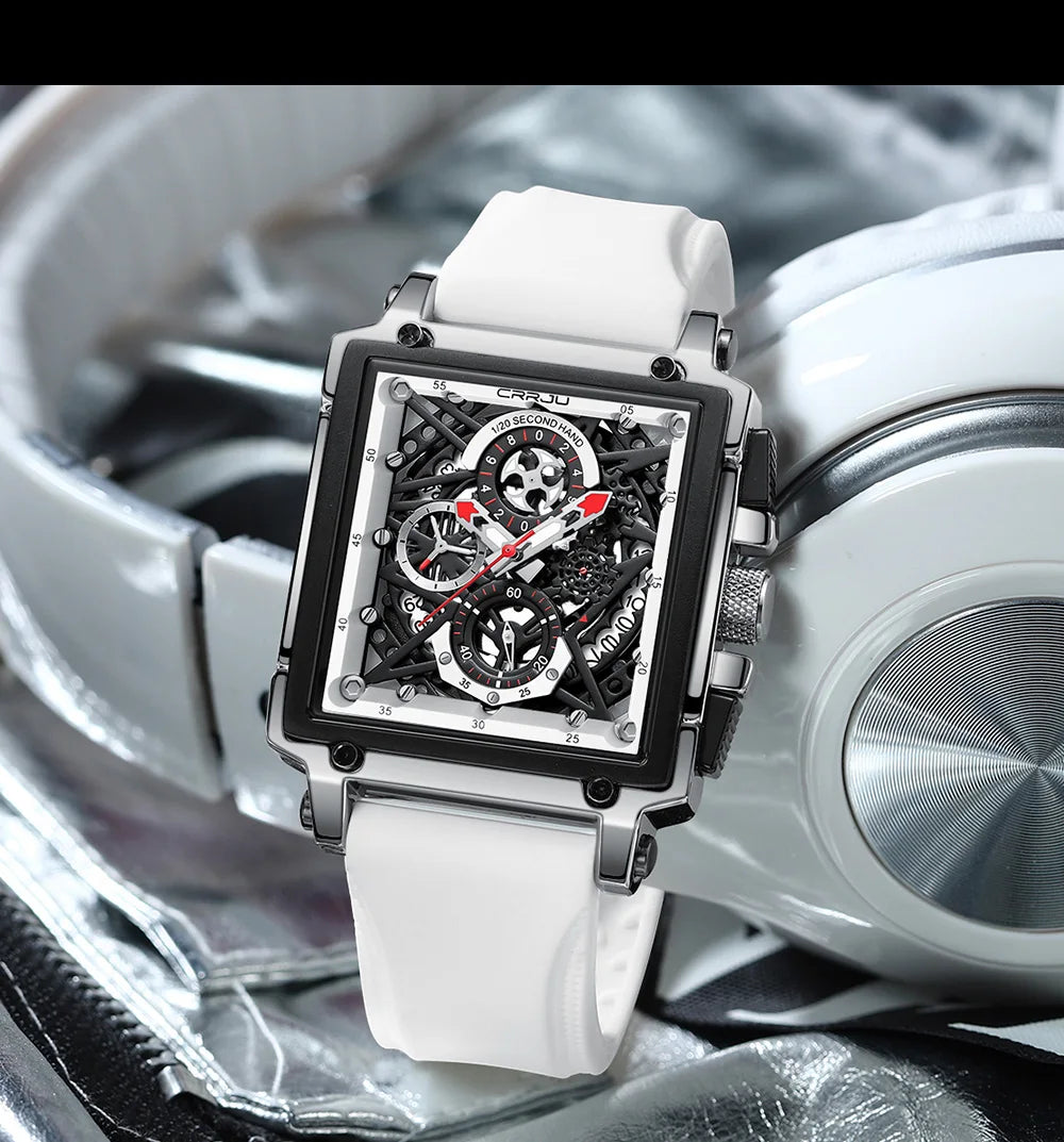 CRRJU Fashion Sports Watches with Large Dial Unique RectangularHollow Design Quartz Wristwatches with Chrongraph Auto Date