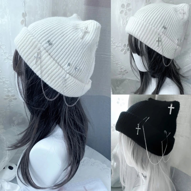 Handwoven Beanie Caps for Female Winter Warm Knitted Hat Y2K Devil Horn Hat for Teens Girl Fashion Anime Hat Headwear