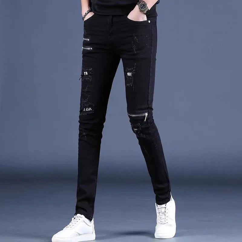 2024 Spring and Autumn Fashion Black Ripped Stretch Jeans Men's Casual Slim Breathable High-Quality Straight Leg Pants 28-36