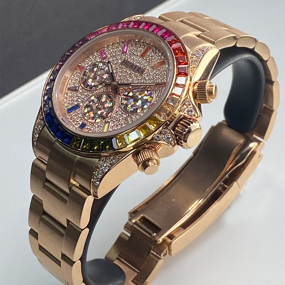 New 40mm Rainbow Shell Panda Three Eyes Watch Men's Automatic Mechanical Watch Color Diamond dial Three Eyes Stainless Steel