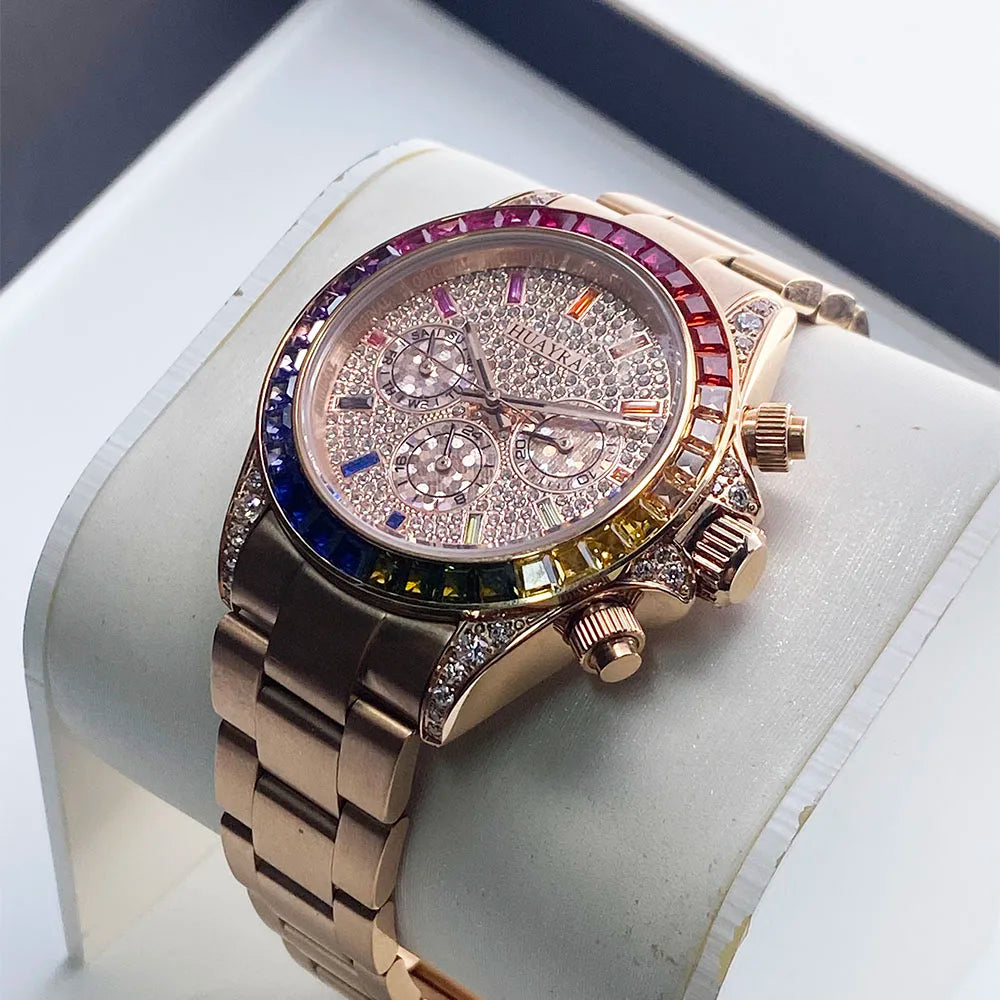 New 40mm Rainbow Shell Panda Three Eyes Watch Men's Automatic Mechanical Watch Color Diamond dial Three Eyes Stainless Steel