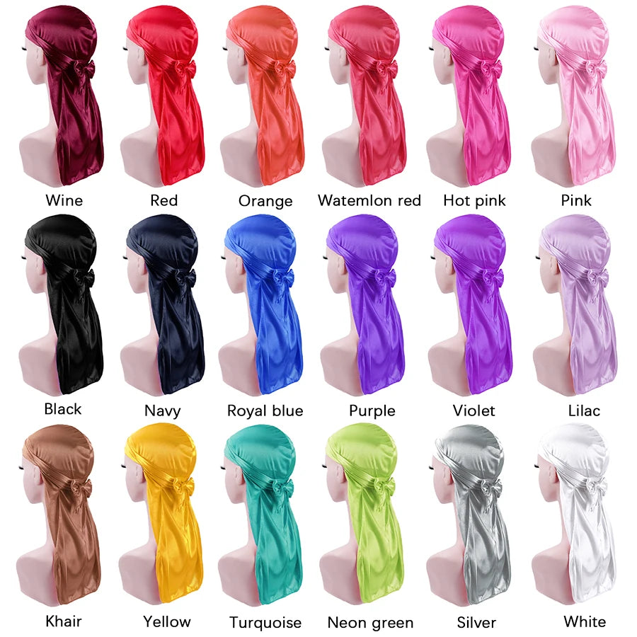 Unisex Silky Durags Bandanas Turban Hat Wigs Doo Men Satin Durag Biker Headwear Headband Hair Accessories Extra Long Tail Du-Rag