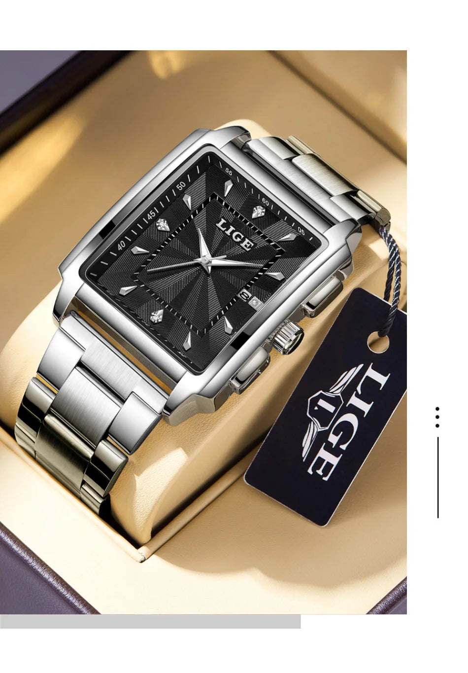 LIGE Watch Man Square Fashion Men Watches Top Brand Luxury Golden Quartz Stainless Steel Waterproof Wristwatch Relogio Masculino