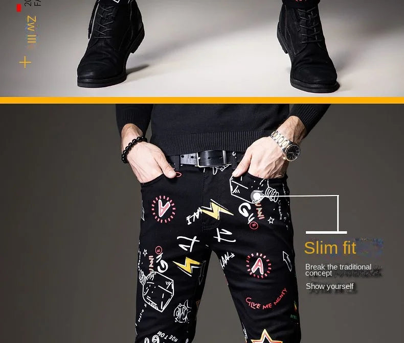 Luxury Mens Denim Pants Hip Hop Graffiti Print Jeans Designer Slim Fit Trendy Black Jeans Stretch Cowboy Cotton Trousers for Men