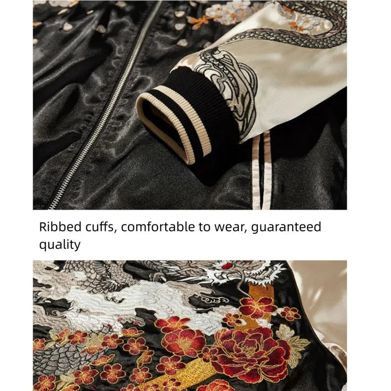 Embroidered Dragon Hip Hop Jacket Contrast Color High Street Baseball Coat Harajuku Trendy Outerwear Casual Loose Jacket For Men