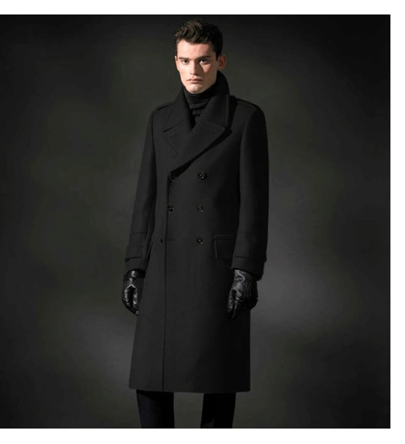 Mauroicardi Autumn Winter Long Warm Smart Casual Navy Blue Black Woolen Coat Men Double Breasted Luxury Wool Blends Overcoat