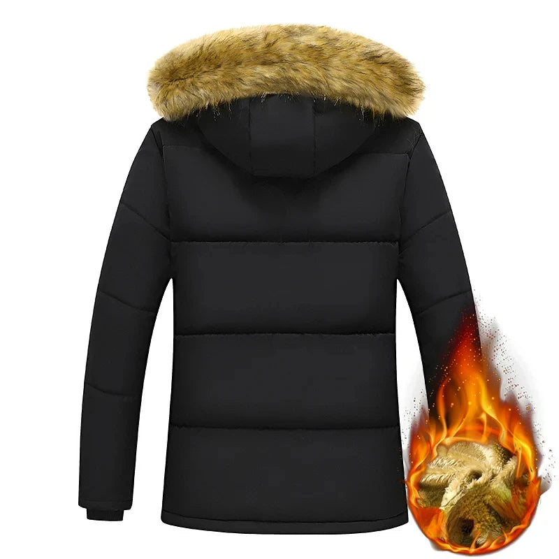 2024 New Men Winter Autumn Work Outwearing Parka Black Fleece Lined Thick Warm Hooded Fur Collar Coat Male Size 5XL Plush Jacket