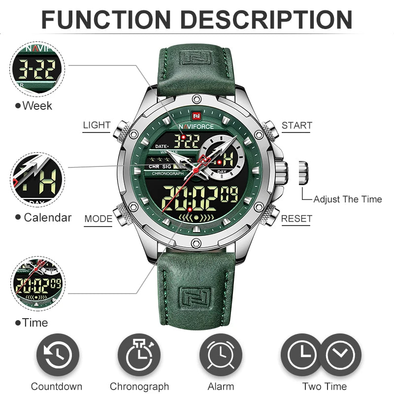 NAVIFORCE Mode Herren Casual Grüne Leder Uhr Militärische Wasserdichte Digital Chronograph Quarz Mann Armbanduhr Männlichen Wecker