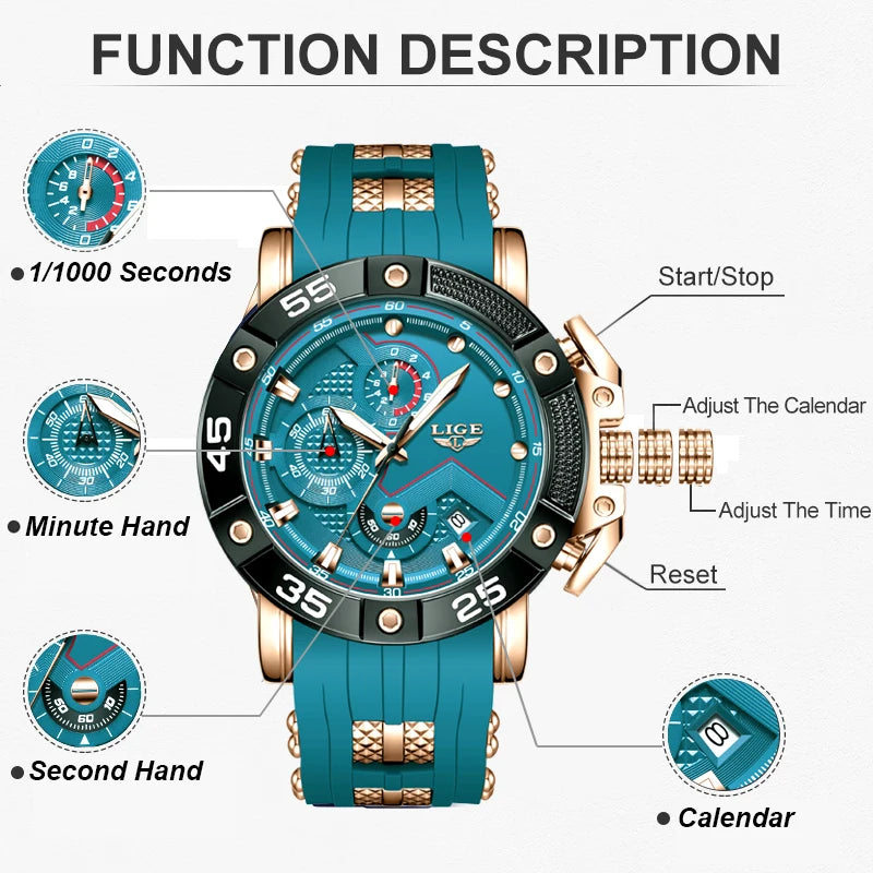 LIGE Mens Watches Top Brand Luxury Big Dial Watch Men Silicone Military Sports Waterproof Quartz Watch For Men Relogio Masculino