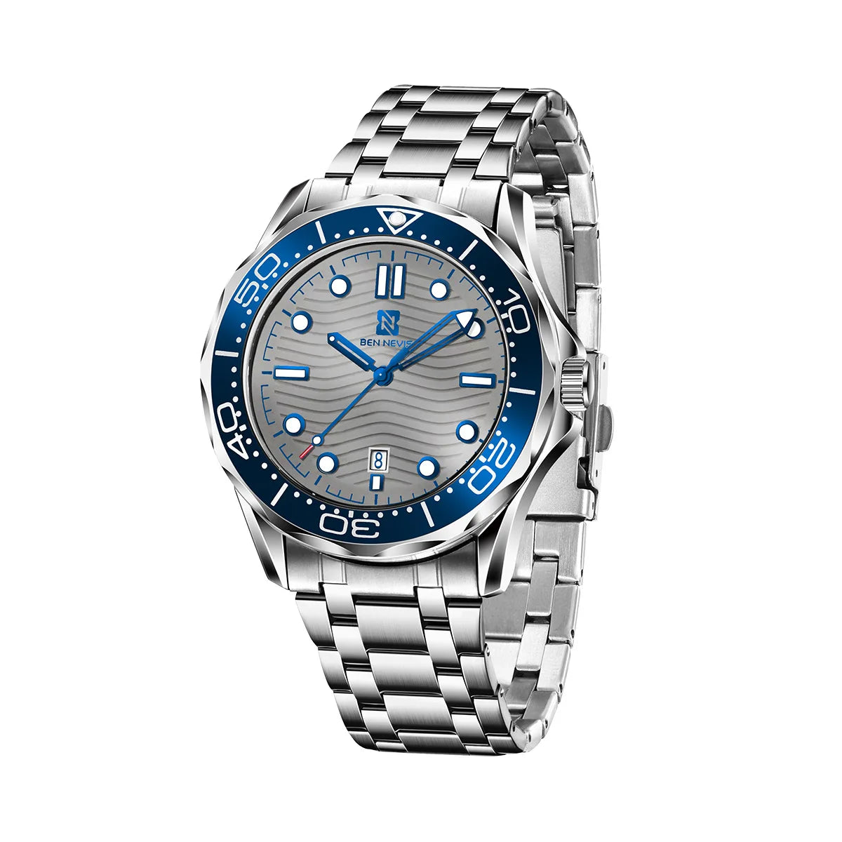 Wave patterned blue dial with hollow hands, men's personalized quartz watch, versatile business and personalized wristwatch