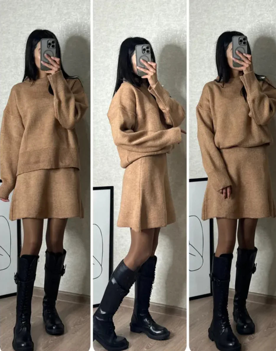 Pure Color Casual Versatile College Style Knitwear Skirt Outfit for Women