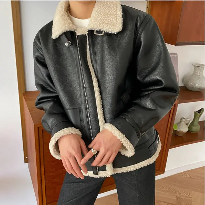 Men's Lamb Fur Leather Jacket Patchwork Autumn