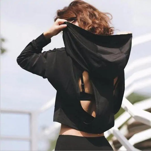 Stylish Long Sleeve Crop Hooded Mesh Pull Over