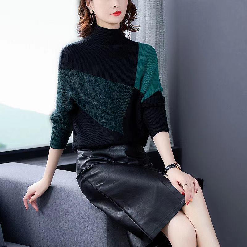 Women's Loose High Collar Color Matching Sweater