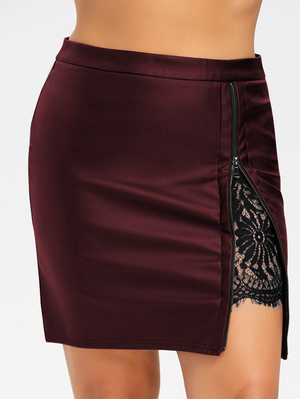 Lace Stitching Hip Half Waist Leather Skirt Women