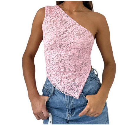 Ins Lace Backless Top Sommer Einfarbig Taillenlose Asymmetrische Weste mit schrägem Hals Streetwear Damen Kleidung