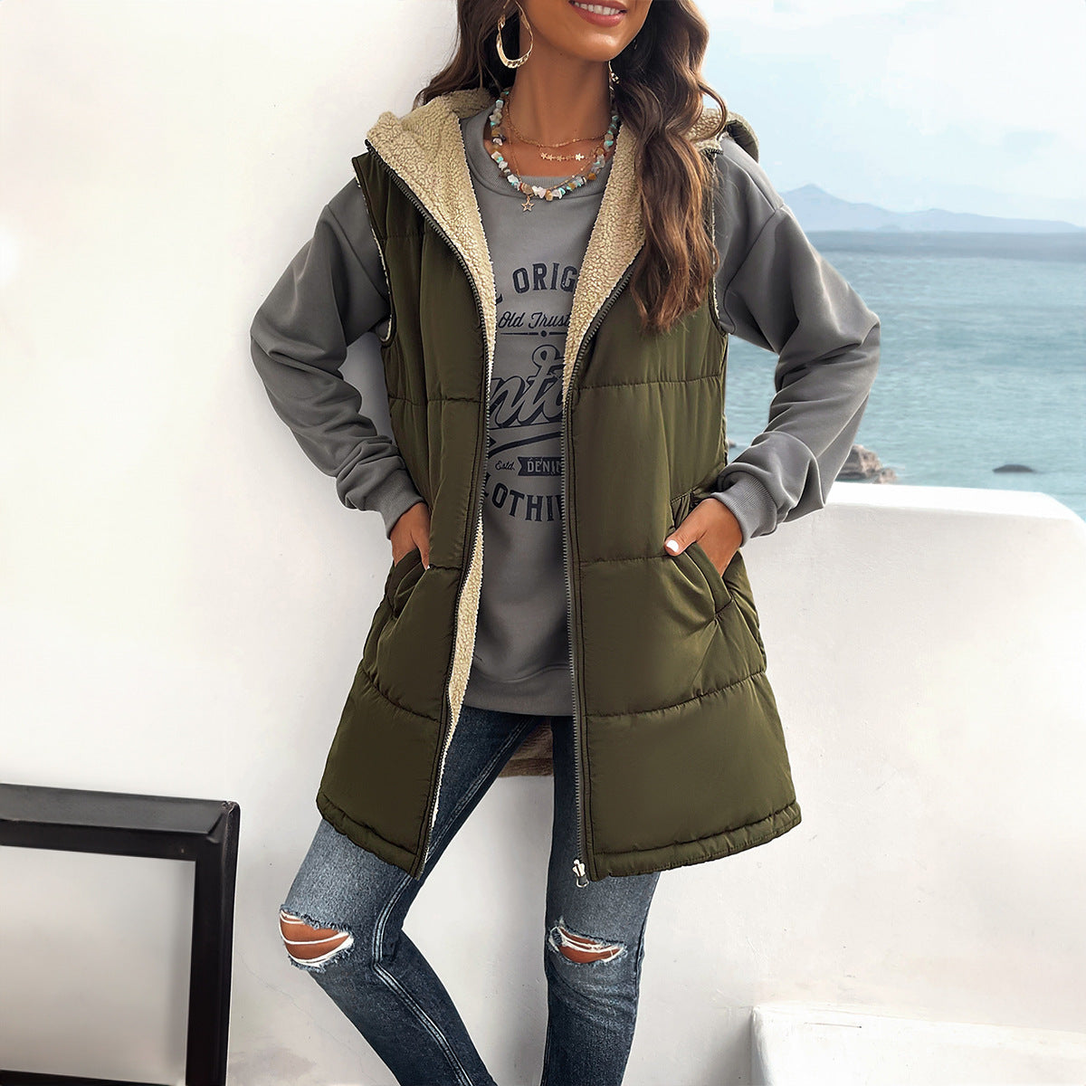 Winterweste Damen Lockere Pendeljacke Mittellange Kapuzenjacke Aus Baumwolle Mit Taschen Mode Warmer Reißverschluss Flauschiger Mantel Outdoor-Kleidung