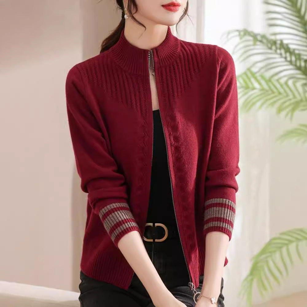 Stand Collar Zipper Wool Cardigan Coat For Women