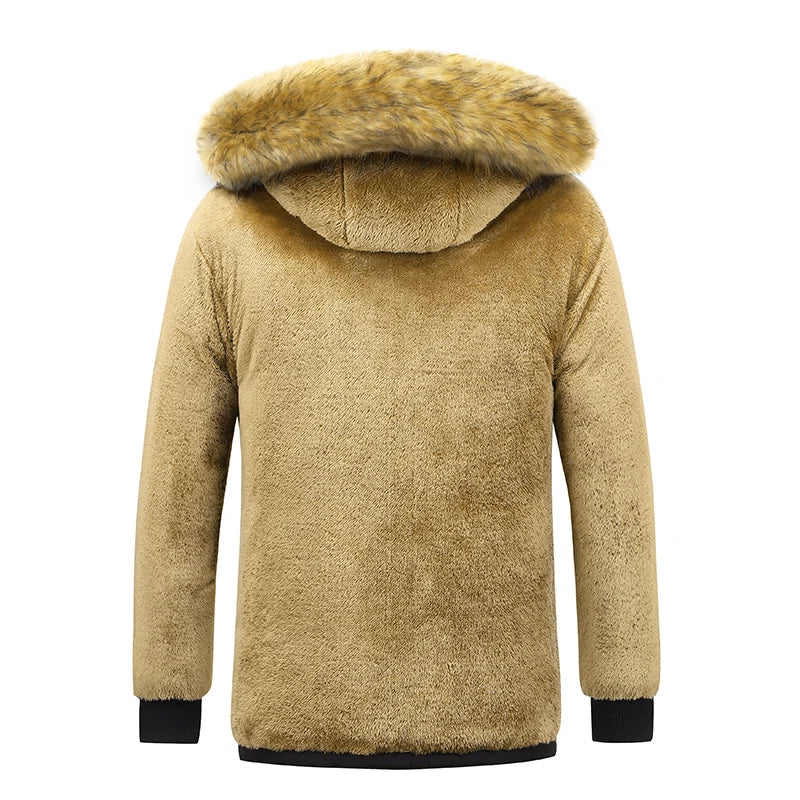 Windproof Fleece Thick Jacket Coat Men Fashion Hooded Fur Collar