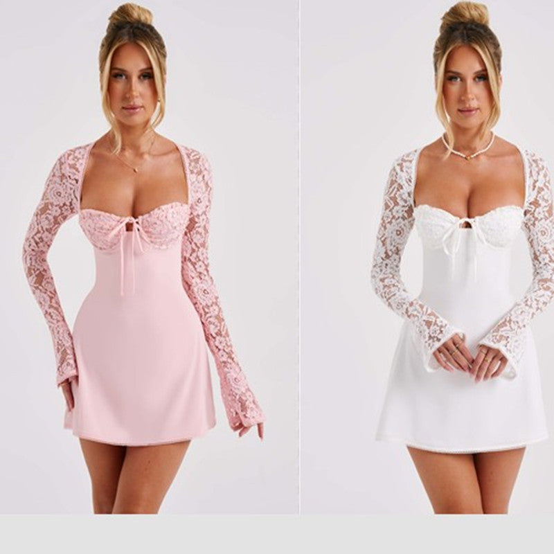 Modisches Korsett-Spitzenkleid mit langen Ärmeln, sexy, rückenfreies Schnürkleid, kurze Kleider für Damen