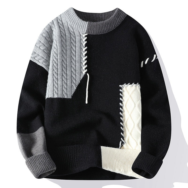 Sweater Men's American Retro Color Contrast Patchwork