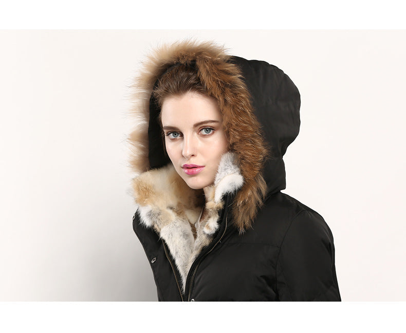 High-end Rabbit Fur Eiderdown Outerwear Mid-length Padded Coat Women