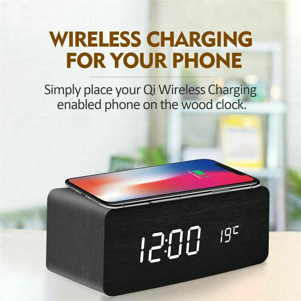 Modern Wooden Digital LED Backlit Alarm Clock Thermometer Qi Wireless Charger Clock with Charger