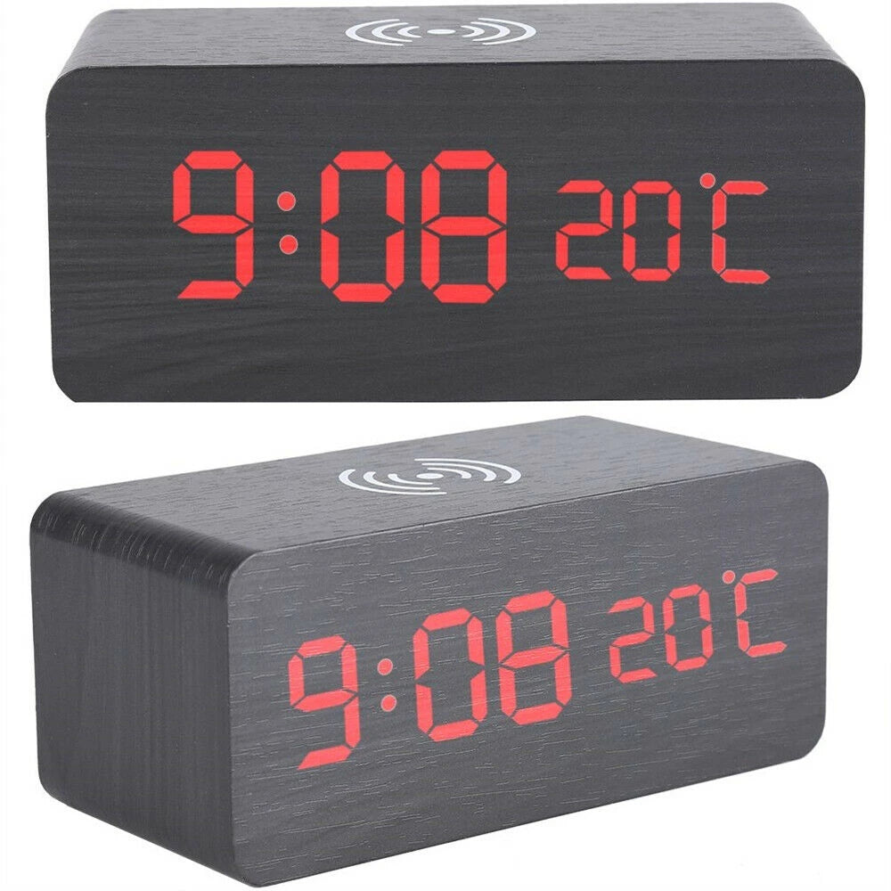 Modern Wooden Digital LED Backlit Alarm Clock Thermometer Qi Wireless Charger Clock with Charger