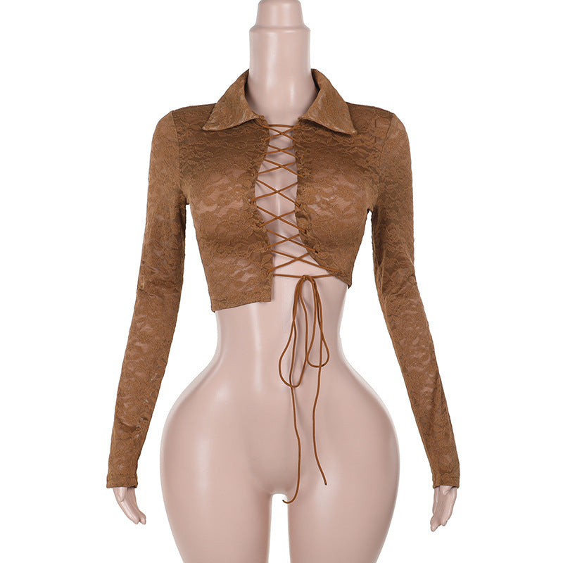 Women's Lace Lace-up Cutout Long-sleeved Top