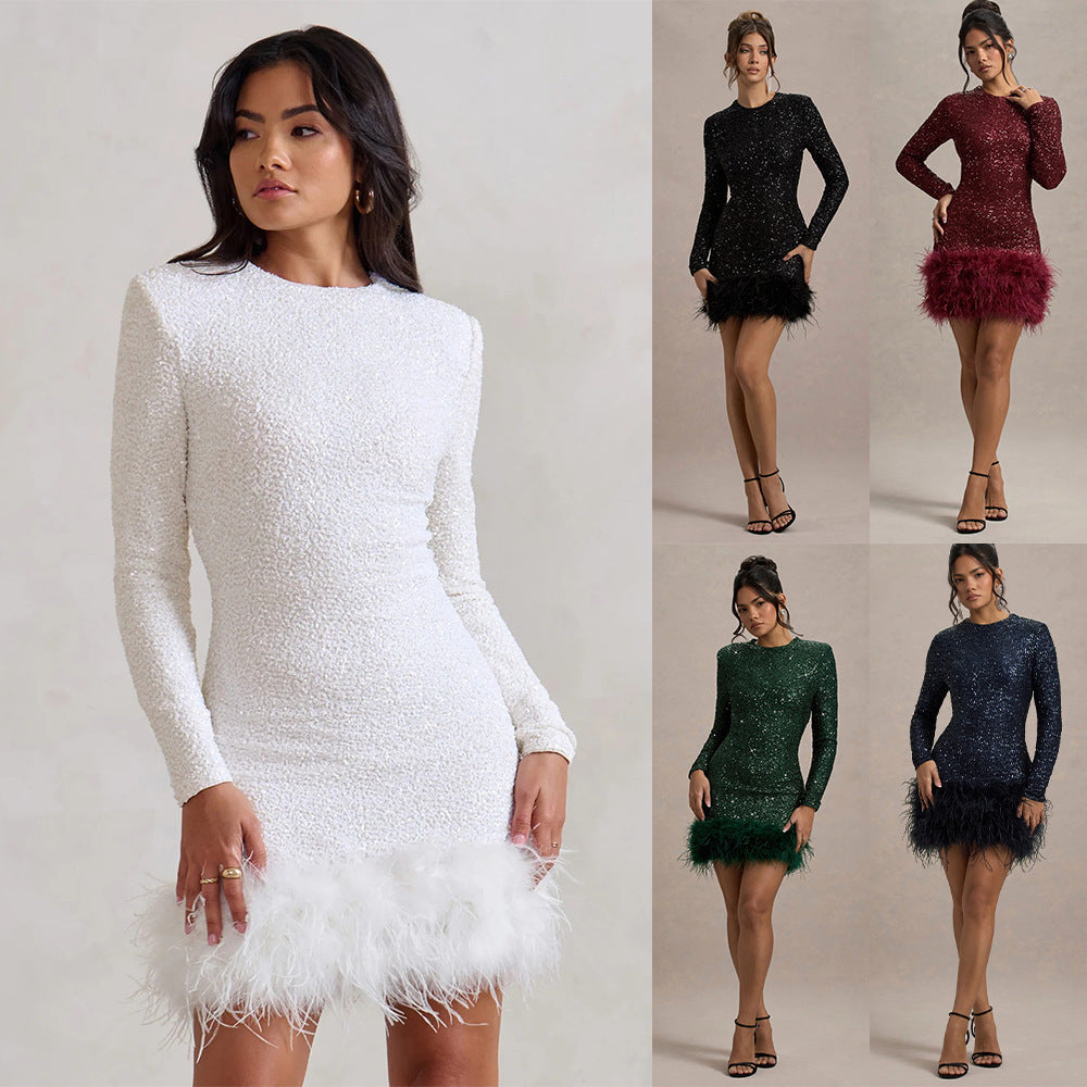 Women's Long Sleeve Sequined Feather Dress Round Neck