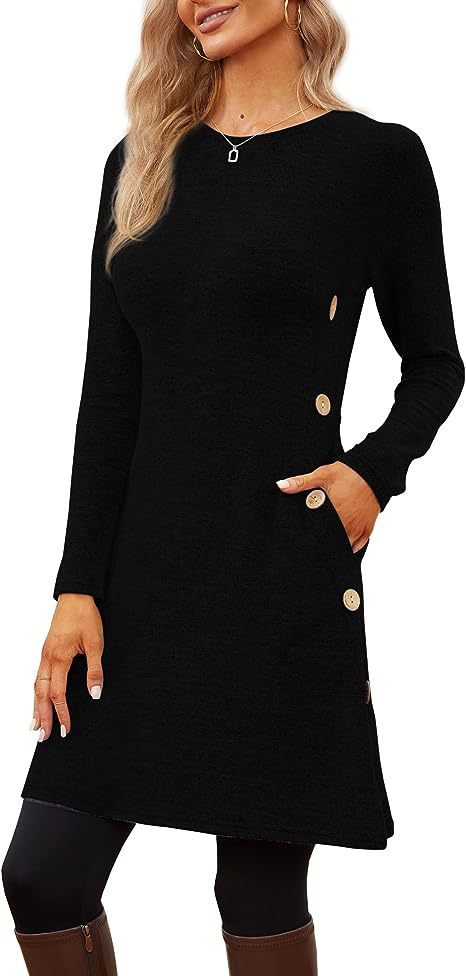 Women's Long Sleeve Low Round Neck Button Side Dress With Pockets