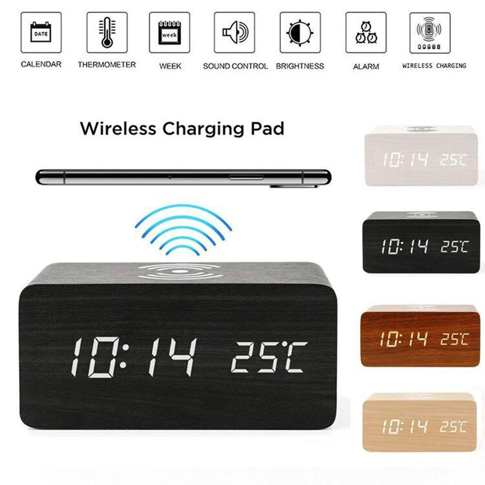 Modern Wooden Digital LED Backlit Alarm Clock Thermometer Qi Wireless Charger Clock with Charger