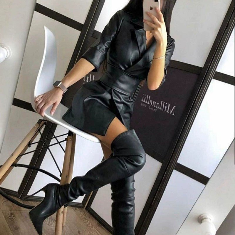 Solid Color PU Leather Suit Collar Medium Long Sleeve Women's Dress Leather Coat Belted