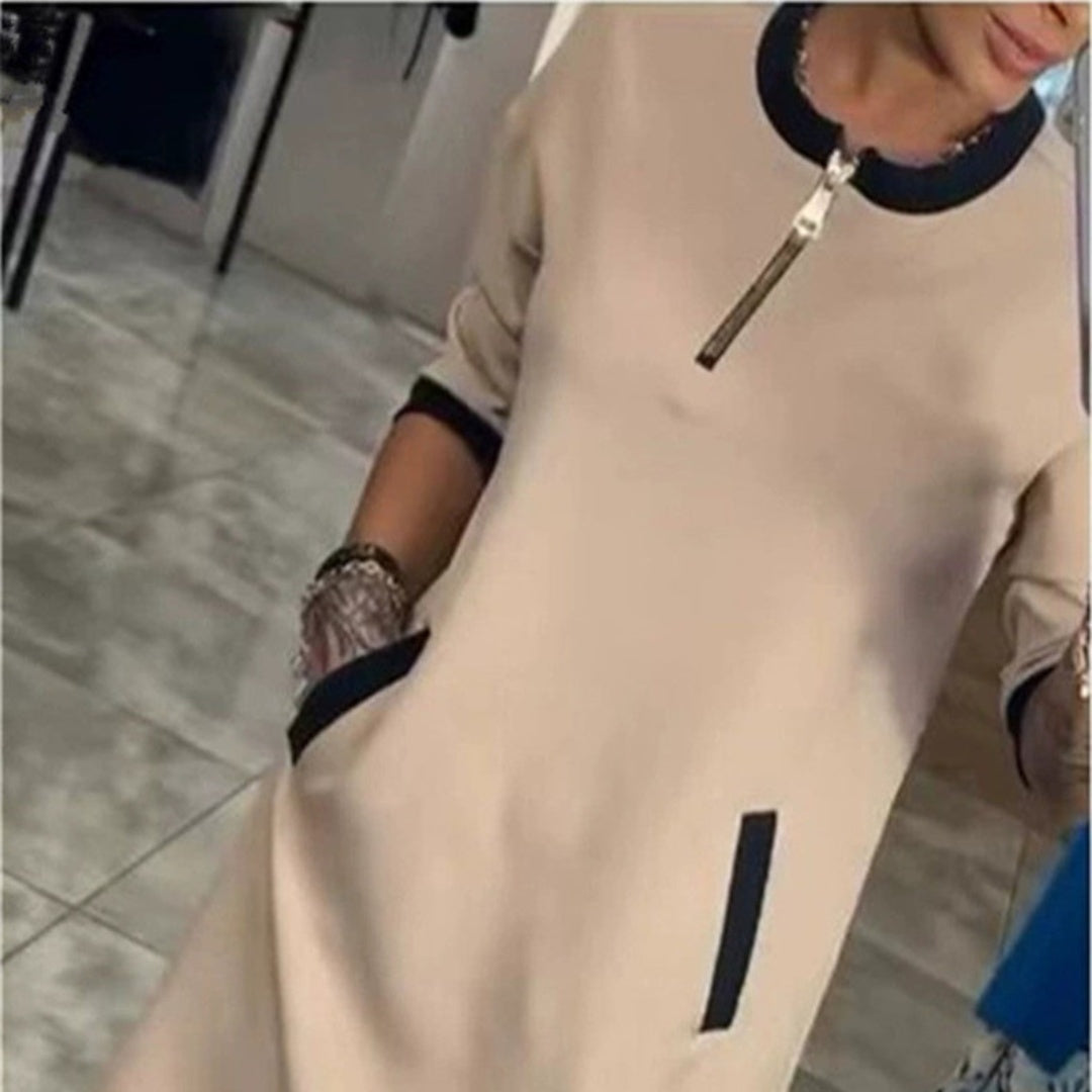 Women's Midi Dress Round Neck Zipper Pocket