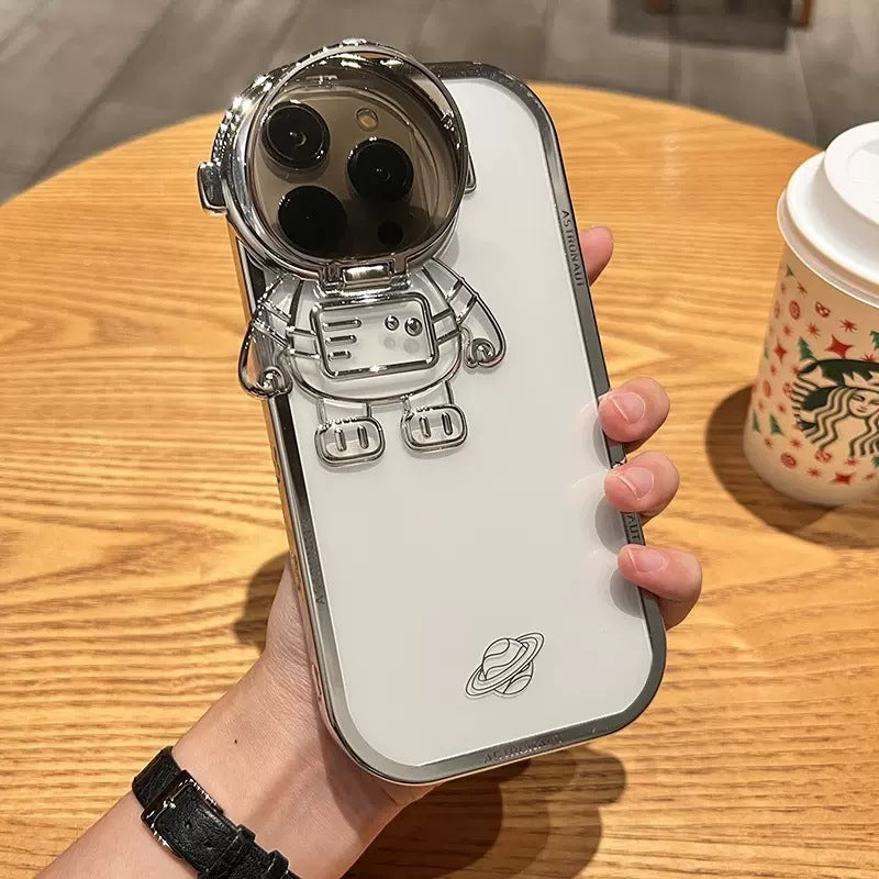 Glitter Astronaut Kamera Stand Telefon Fall Für IPhone 14 13 12 11 Pro Max XR 14 Plus Unsichtbare Objektiv Halterung Beschichtung Weiche Abdeckung