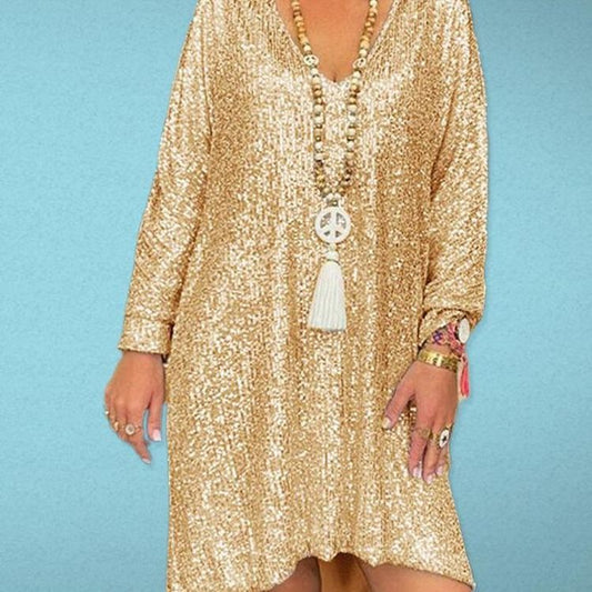 Casual Solid Color Loose Pullover Sequined Shirt V-neck Long Dress